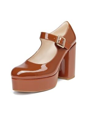 Coutgo Womens' Round Toe Chunky Platform Heels Patent Mary Jane Dress Shoe-